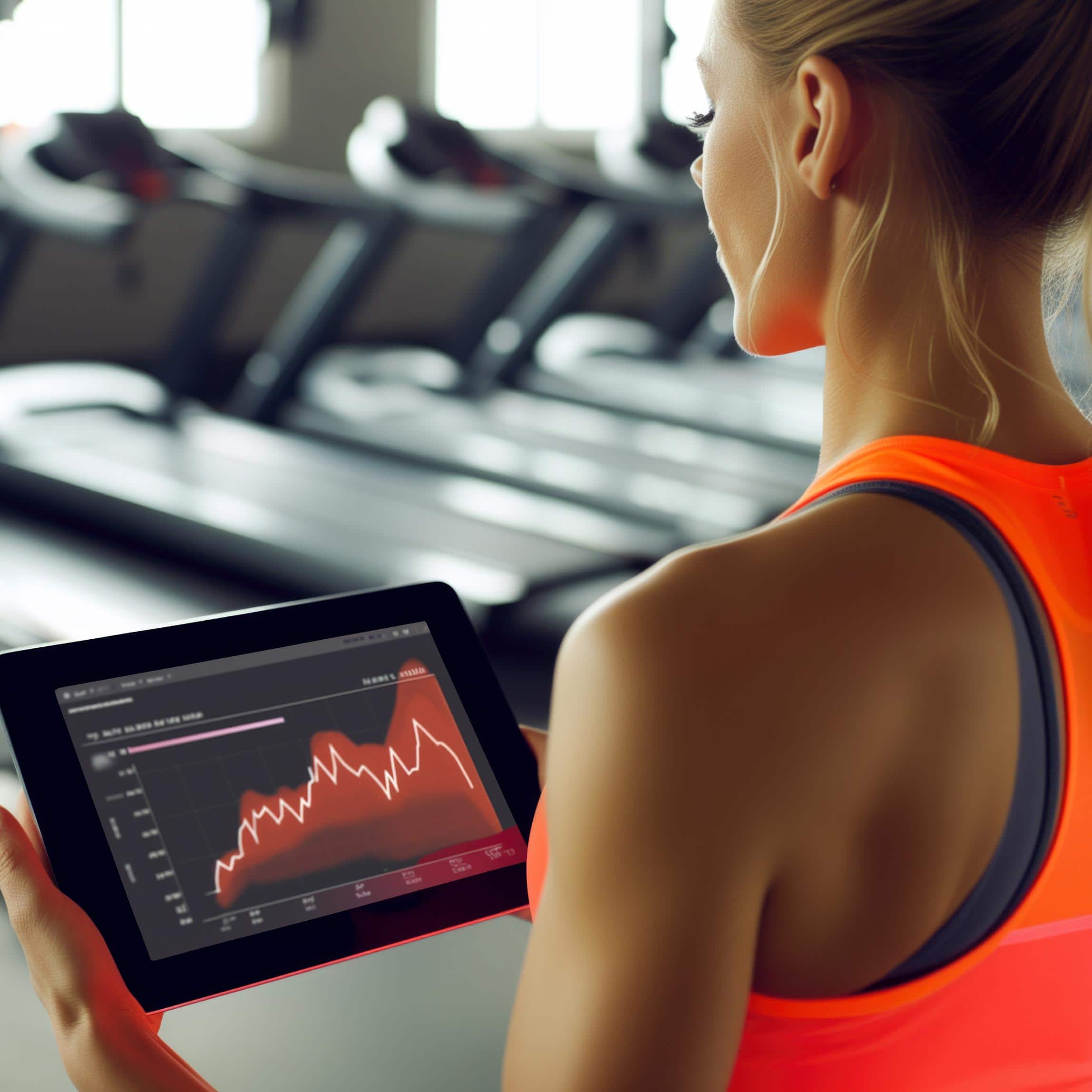 Mujer sostiene tableta con datos de gimnasio