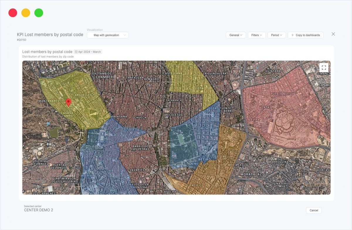 Geolocation map showing lost members by postal code with color-coded zones and a marked center location.