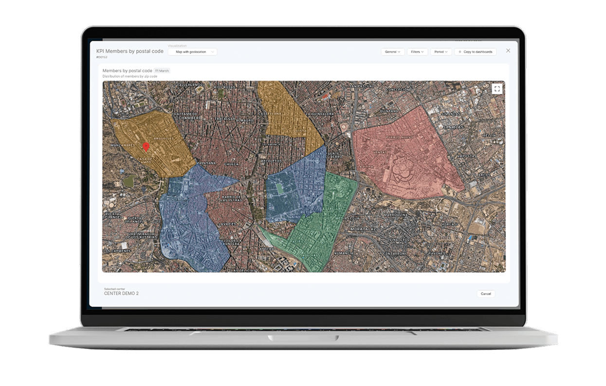 Laptop screen displaying a geolocation map with colored postal code areas and member distribution data.