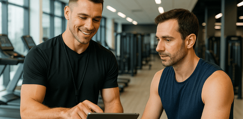 Personal trainer using technology to guide clients in a modern fitness club