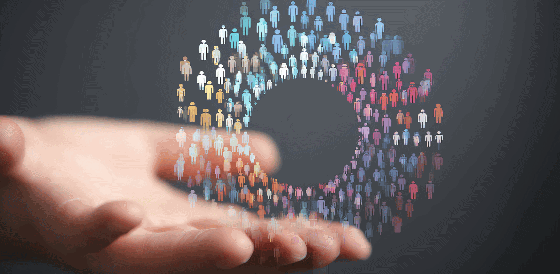 Diverse group of digital human icons forming a circular pattern representing fitness analytics and health data visualization.