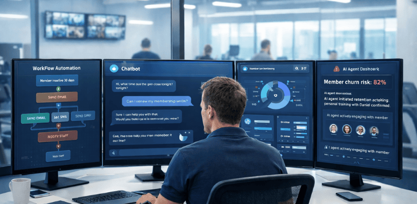 AI automation tools in a fitness club showing workflows, chatbot interactions and autonomous AI agents managing member engagement